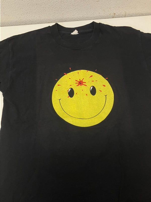 ヴィンテージ vintage 90's 90年代 Head Shot smiley face ぶち抜きスマイル ガンショット アートT 袖裾シングルステッチ Tシャツ ブラック Mサイズ 101MT-4937