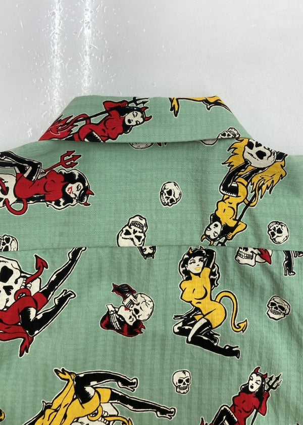 スターオブハリウッド STAR OF HOLLYWOOD THE DEVIL SKULL GIRLS  OPEN COLLAR SHIRT オープン カラー シャツ ハワイアン 開襟 半袖  緑 SH38115 半袖シャツ スカル グリーン Mサイズ 104MT-1320