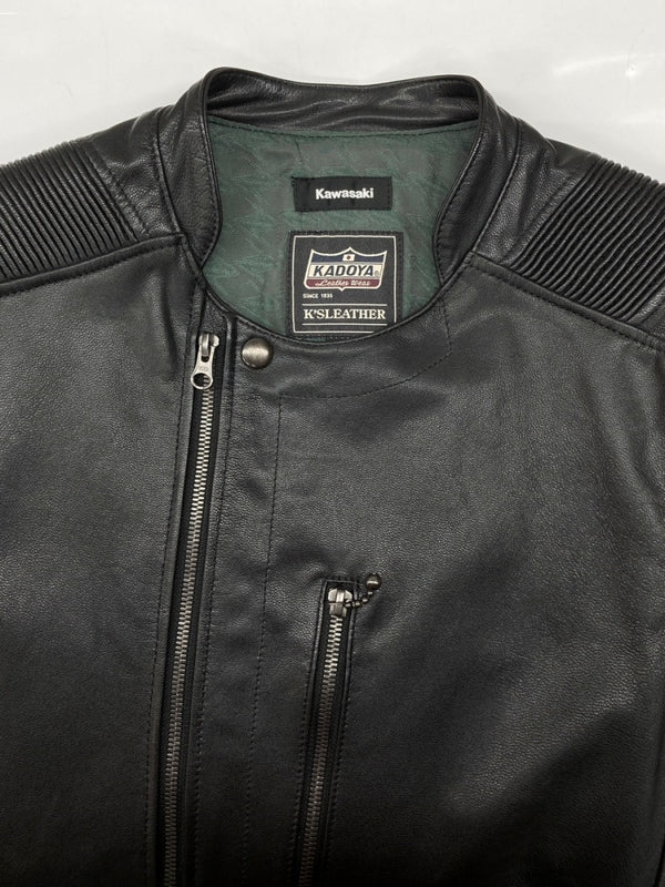 カドヤ KADOYA × Kawasaki LEATHER JACKET レザー ジャケット ライダース セミダブル ダブルジップ アウター 黒 ジャケット 無地 ブラック Lサイズ 104MT-1917