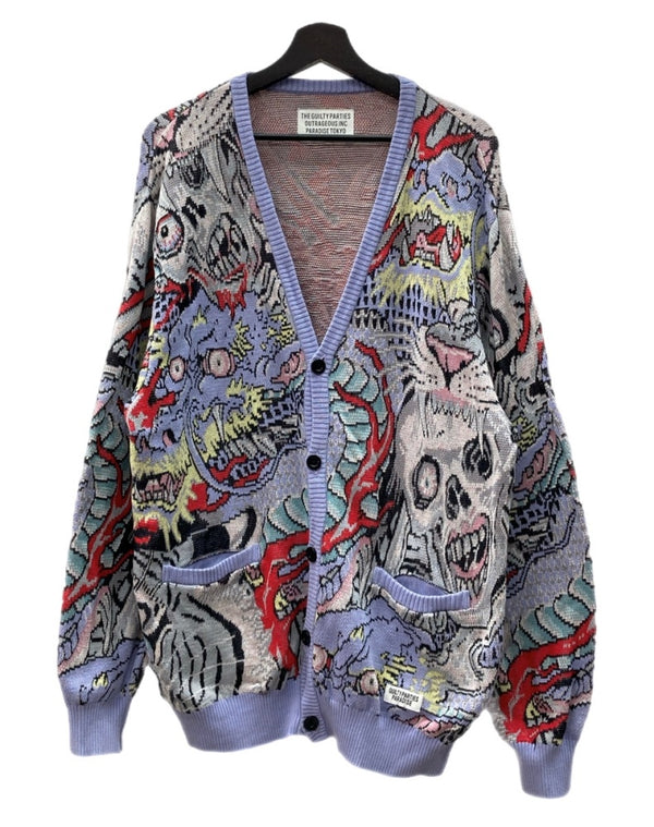 ワコマリア WACKO MARIA × TIM LEHI ティム リーハイ JACQUARD CARDIGAN ジャガード カーディガン スカル 髑髏 虎柄 龍柄 ニット カーディガン 総柄 マルチカラー Mサイズ 104MT-1749