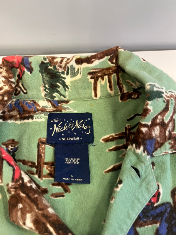 ヴィンテージ vintage Nick & Nora sleepwear ニック&ノラ パジャマシャツ フランネル カウボーイ柄 長袖シャツ グリーン Lサイズ 101MT-5421