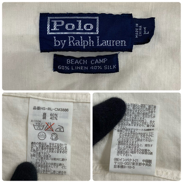 【曜日割引対象外】 ラルフローレン POLO RALPH LAUREN 90's BEACH CAMP オープンカラーシャツ リネン シルク 半袖シャツ ホワイト Lサイズ 201MT-3891 VB