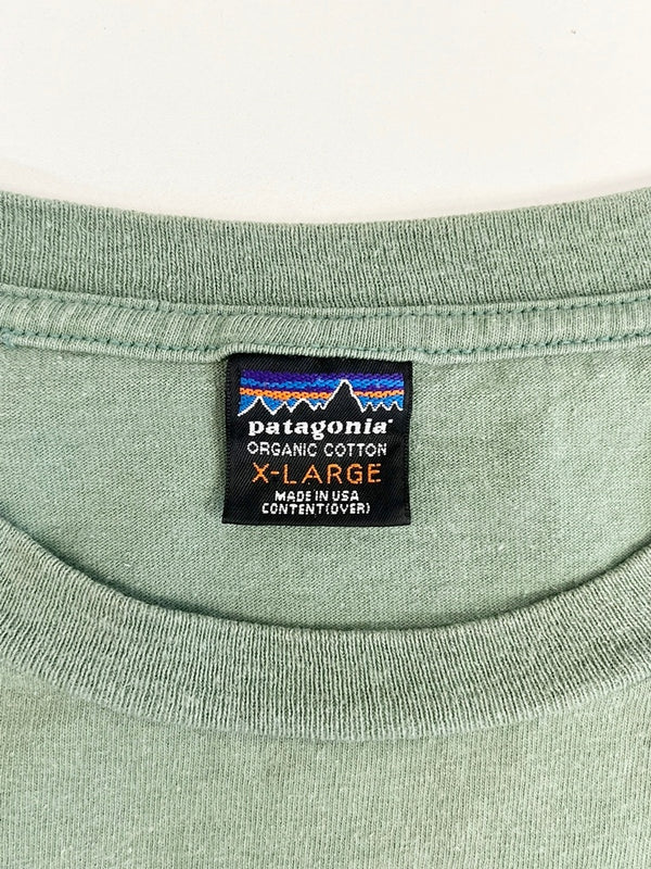 パタゴニア PATAGONIA 90s Vintage ヴィンテージ USA製 Mountainロゴ Tee マウンテンロゴ プリント 長袖カットソー XL Tシャツ グリーン LLサイズ 101MT-4715