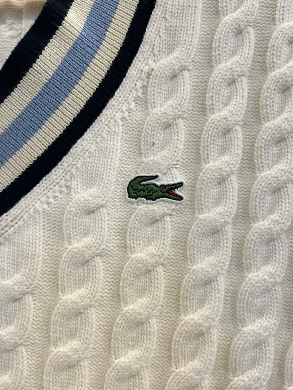 ラコステ LACOSTE アシンメトリー ケーブルニット テニスセーター Ｖネックセーター 白 AF1187 セーター ホワイト サイズ38 101LT-162