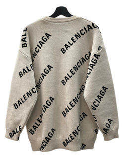 バレンシアガ BALENCIAGA LOGO SWEATER ロゴ セーター クルーネック スラッシュロゴ オーバーサイズ ニット 長袖 厚手 白 セーター 総柄 ホワイト XSサイズ 104MT-2294