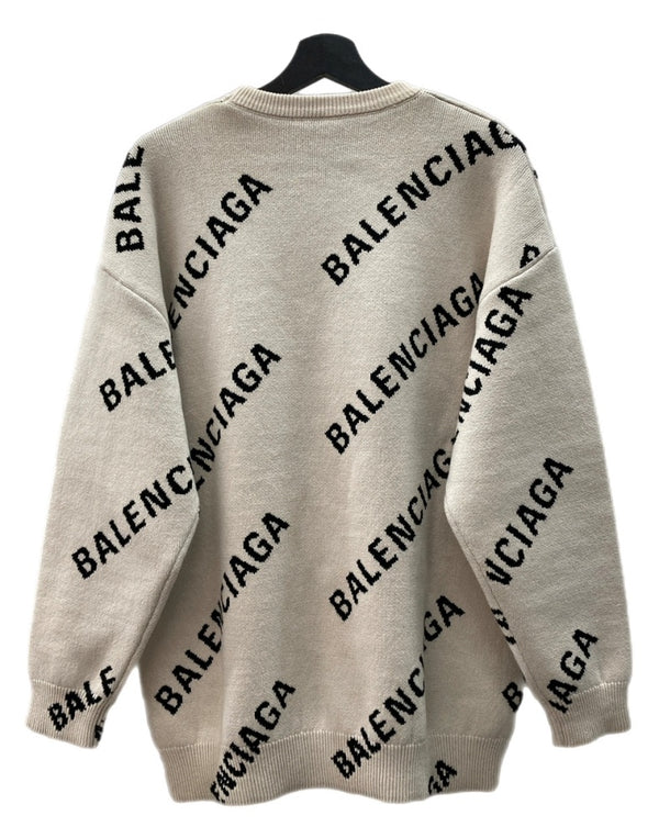 バレンシアガ BALENCIAGA LOGO SWEATER ロゴ セーター クルーネック スラッシュロゴ オーバーサイズ ニット 長袖 厚手 白 セーター 総柄 ホワイト XSサイズ 104MT-2294