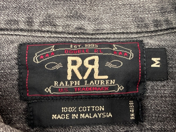 ダブルアールエル RRL 90s 三ツ星タグ ブラックデニム SHIRT シャンブレー ステンカラー フロントボタン チンスト 猫目ボタン ヴィンテージ VINTAGE GRAY 灰色 長袖シャツ 無地 グレー Mサイズ 104MT-1953