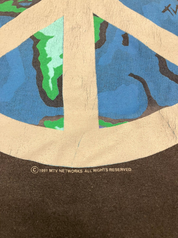 ヴィンテージ vintage 90’s 90年代 GIANT MTV MUSIC TELEVISION WORLD PEACE 地球 ピースマーク Tシャツ ブラック 101MT-5054