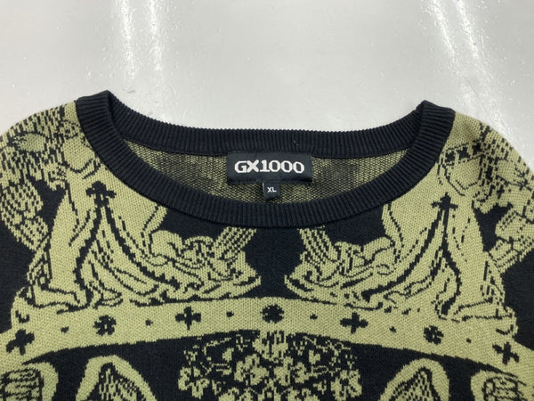 ジーエックス GX1000 JACQUARD CREWNECK KNIT ジャガード クルーネック ニット セーター スケートボードクルー 黒 セーター 総柄 ブラック XLサイズ 104MT-1010