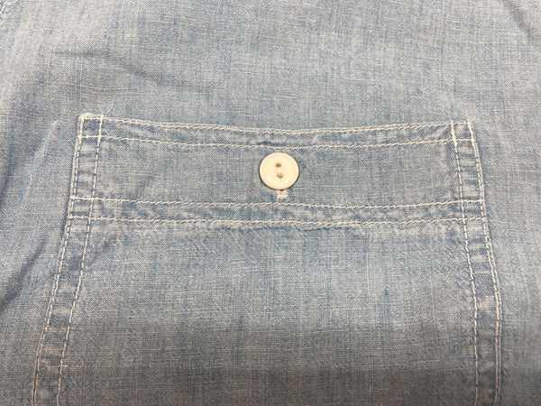 ダブルアールエル RRL 三ツ星タグ DENIM SHIRT デニム バンドカラー シャンブレー フロントボタン ヴィンテージ VINTAGE ラルフローレン RALPH LAUREN マレーシア製 ライトブルー 水色 長袖シャツ 無地 ブルー Sサイズ 104MT-1955