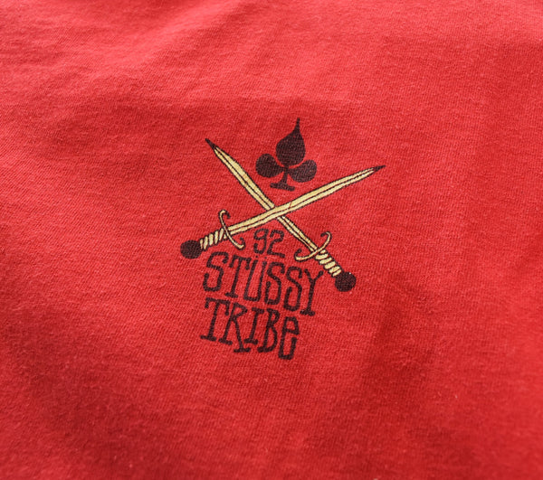 ステューシー STUSSY 90's オールド ステューシー OLD STUSSY 92 STUSSY TRIBE 袖裾 シングルステッチ MADE IN USA 黒タグ L Tシャツ レッド 103MT-3392