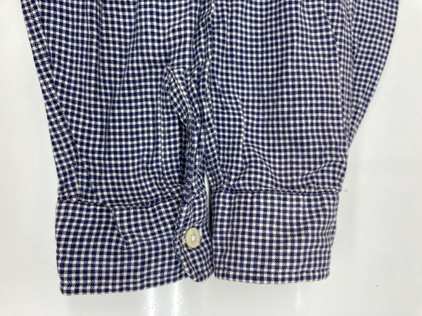 ダブルアールエル RRL 90s 三ツ星タグ SHIRT ステンカラー オープンカラー 開襟 フロントボタン ヴィンテージ VINTAGE ラルフローレン RALPH LAUREN ギンガムチェック コットン シンガポール製 BLUE 青 長袖シャツ 総柄 ブルー Mサイズ 104MT-1972