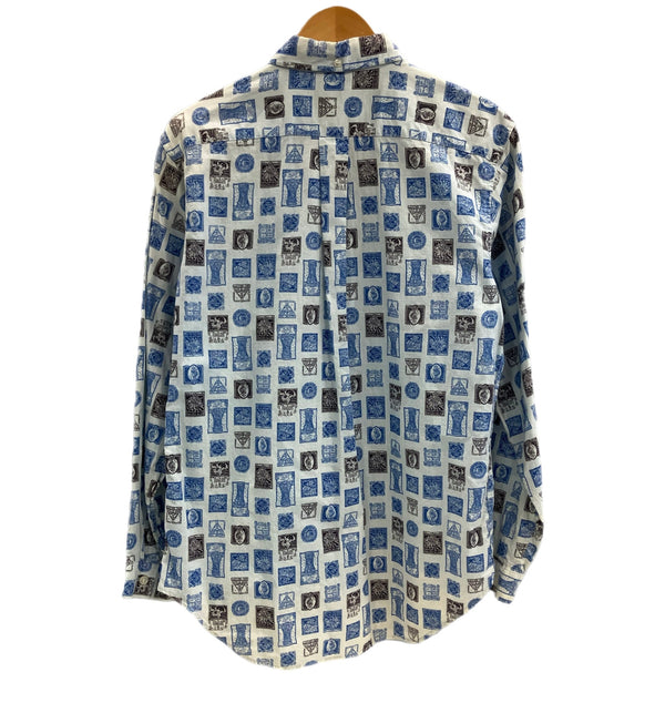 ヴィンテージ vintage 60's 60年代 GOLDEN BRENT ブレント 総柄 切手柄 stamp pattern 長袖シャツ ブルー Mサイズ 101MT-3943