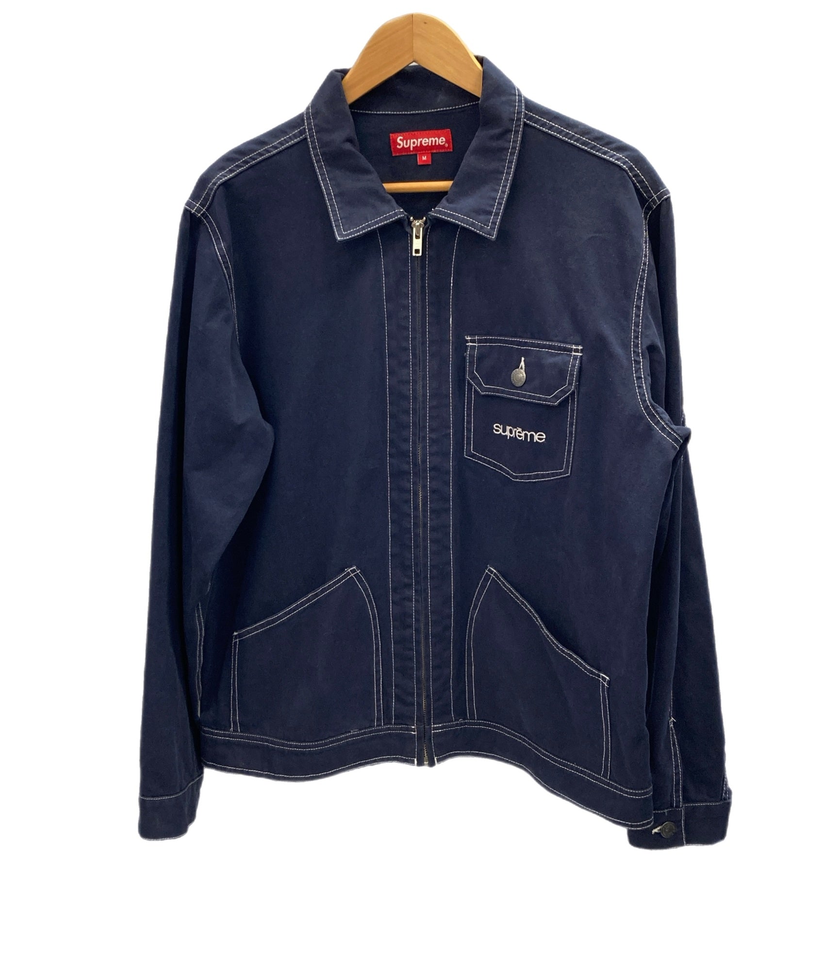 シュプリーム SUPREME 18SS Contrast Stitch Work Jacket ジップアップ ワークジャケット クラシックロゴ  コットンキャンバス ジャケット ネイビー Mサイズ 101MT-2776 | 古着通販のドンドンサガール