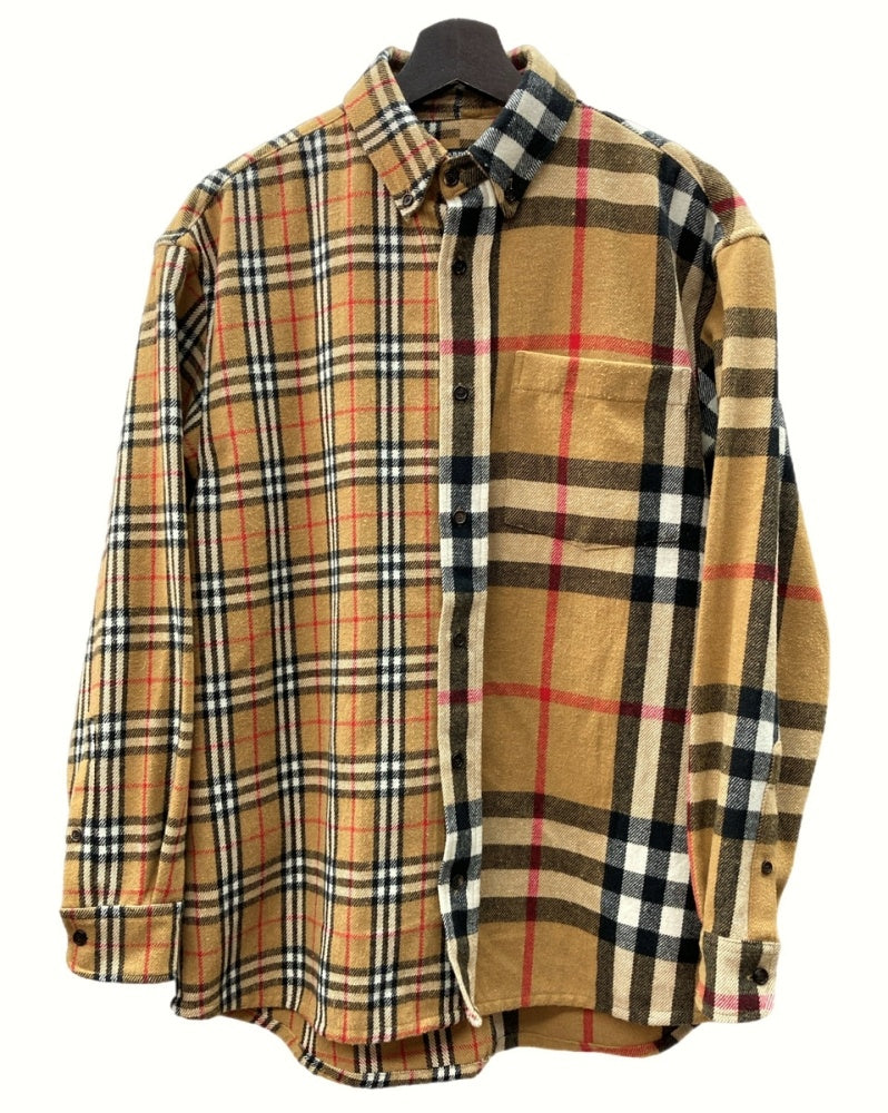 バーバリー Burberry × ゴーシャラブチンスキー Gosha Rubchinskiy オーバーサイズ ノバチェック 切替 フランネル シャツ  ウール 毛 長袖シャツ 総柄 ベージュ Sサイズ 104MT-493 | 古着通販のドンドンサガール