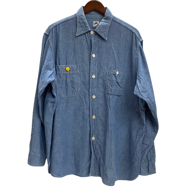 【曜日割引対象外】 ポストオーバーオールズ POST OVERALLS USA製 シャンブレーシャツ ガチャポケ 長袖シャツ ブルー Lサイズ 201MT-4383 VB