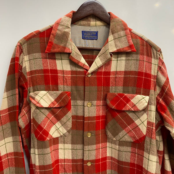 【曜日割引対象外】 ペンドルトン PENDLETON 50's オープンカラー ウール チェックシャツ 長袖シャツ レッド Mサイズ 201MT-3853 VB