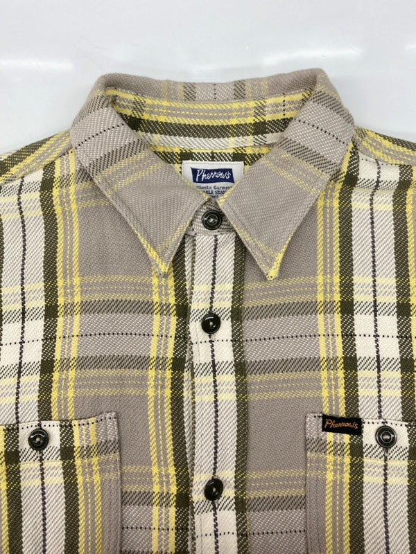 フェローズ PHERROW'S FLANNEL CHECK WORK SHIRT フランネル チェック ワーク シャツ ネルシャツ ヘビーウェイト ボタン 長袖 薄茶 黄 長袖シャツ チェック ベージュ XLサイズ 104MT-1672