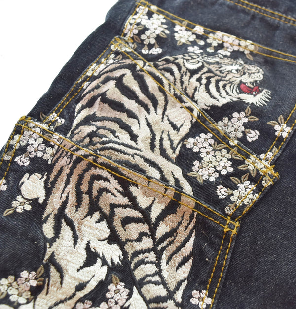 リュウギアッサク 流儀圧搾  花鳥風月和柄 刺繍  花柄 デニムパンツ デニム ブルー 32 103MB-682