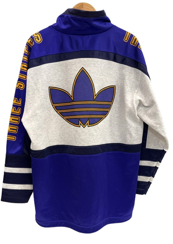 アディダス adidas 90s 90年代 デサント製 トレフォイルビッグロゴ ヴィンテージ vintage プルオーバー モックネック スウェット ブルー Lサイズ 101MT-4518