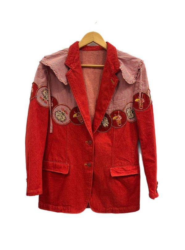 ピンクハウス PINK HOUSE パッチワーク ワッペン デニムジャケット テーラードジャケット ブラウス レトロ 赤 PO141FJ01 ジャケット レッド 101LT-174