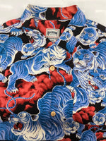 ヒューストン HOUSTON ALOHA SHIRT アロハ シャツ ウッドボタン オープンカラー ハワイアン タイガー 百虎 虎 開襟 半袖 青 ブルー 41022 半袖シャツ 総柄 マルチカラー Lサイズ 104MT-2331