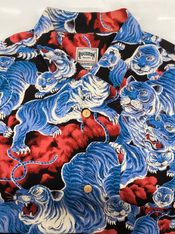 ヒューストン HOUSTON ALOHA SHIRT アロハ シャツ ウッドボタン オープンカラー ハワイアン タイガー 百虎 虎 開襟 半袖 青 ブルー 41022 半袖シャツ 総柄 マルチカラー Lサイズ 104MT-2331