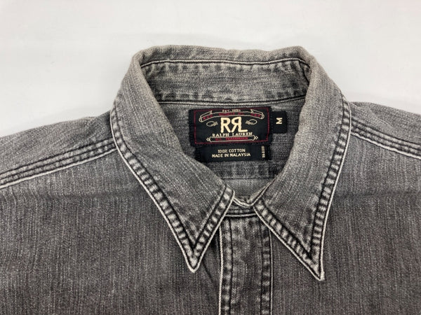 ダブルアールエル RRL 90s 三ツ星タグ ブラックデニム SHIRT シャンブレー ステンカラー フロントボタン チンスト 猫目ボタン ヴィンテージ VINTAGE GRAY 灰色 長袖シャツ 無地 グレー Mサイズ 104MT-1953