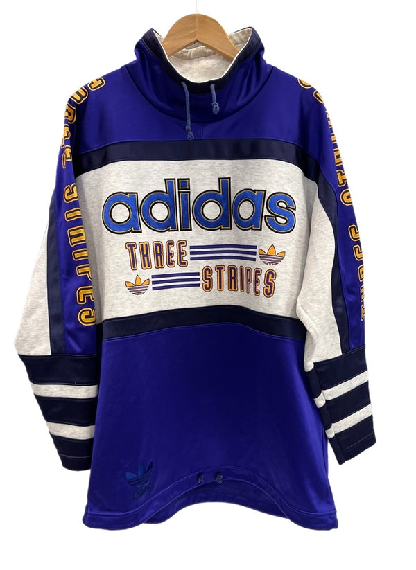アディダス adidas 90s 90年代 デサント製 トレフォイルビッグロゴ ヴィンテージ vintage プルオーバー モックネック スウェット ブルー Lサイズ 101MT-4518