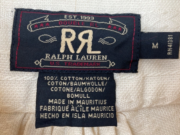 ダブルアールエル RRL 90s 三ツ星タグ SHIRT バンドカラー ヘンリーネック ハーフボタン ヴィンテージ VINTAGE ラルフローレン RALPH LAUREN コットン モーリシャス製 BEIGE 長袖シャツ 刺繍 ベージュ Mサイズ 104MT-2025