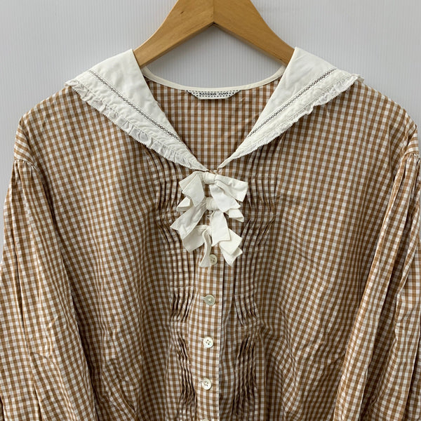 カネコイサオ kaneko isao ワンダフルワールド セーラーカラー シャツ リボン ギンガムチェック柄 長袖シャツ ブラウン 201LT-433