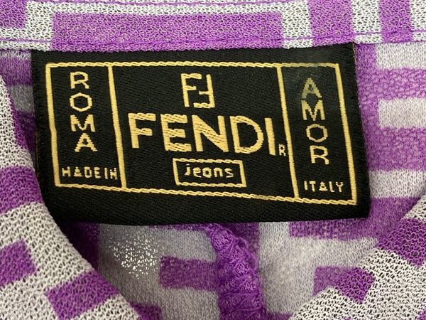 フェンディ FENDI ジーンズ JEANS ズッカ柄 ロングスリーブ ブラウス ステンカラー シアー フロントボタン ロゴボタン ウエストライン イタリア製 PURPLE 紫 10.54224 長袖シャツ 総柄 パープル 104LT-231