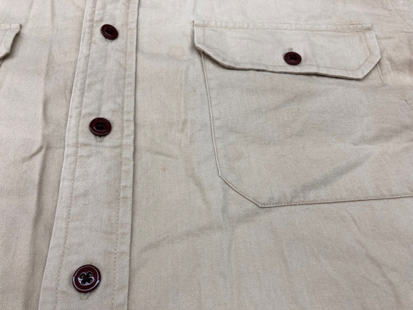 ダブルアールエル RRL 90s 三ツ星タグ MILITARY SHIRT ミリタリー サファリシャツ ステンカラー フロントボタン ヴィンテージ VINTAGE ラルフローレン RALPH LAUREN コットン 北マリアナ諸島製 BEIGE 長袖シャツ 無地 ベージュ Lサイズ 104MT-1971