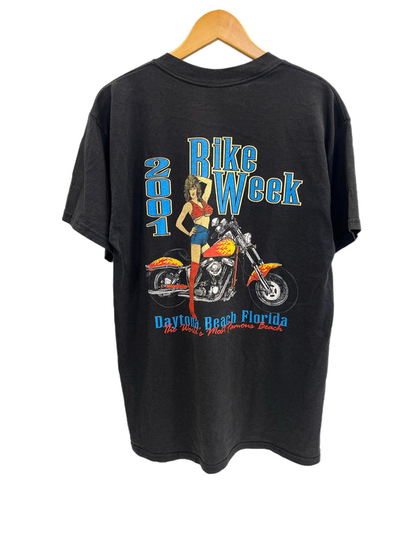 US US古着 00’s BIKE WEEK 2001 モーターサイクル アメリカンバイク ピンナップガール 両面プリント VINTAGE ヴィンテージ Tシャツ ブラック Lサイズ 101MT-4570