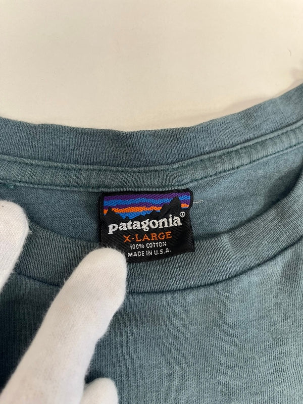 パタゴニア PATAGONIA 90s Vintage ヴィンテージ 雪なしタグ USA製 生態系 絶滅危惧種 プリントTシャツ 半袖カットソー XL Tシャツ グリーン LLサイズ 101MT-4699
