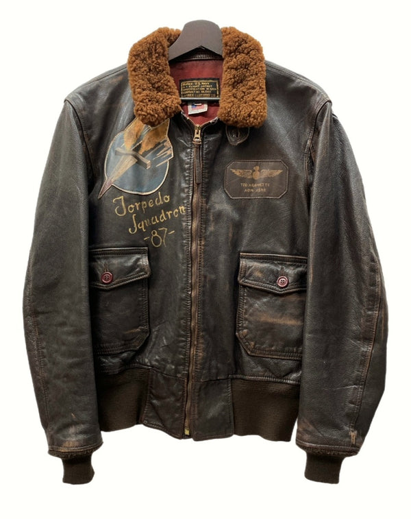 アヴィレックス AVIREX G-1 M-422A Flight Leather Jacket フライト レザー ジャケット ハンドペイント 海空軍 シリアルNo.033 茶色 サイズ 38 ジャケット 総柄 ブラウン 104MT-609