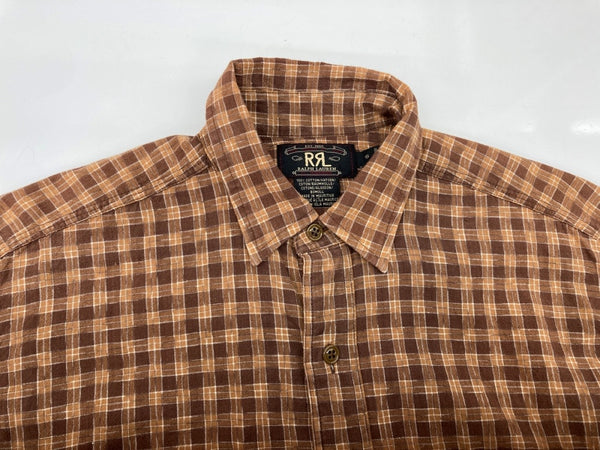 ダブルアールエル RRL 90s 三ツ星タグ SHIRT ステンカラー フロントボタン 胸ポケット ヴィンテージ VINTAGE ラルフローレン RALPH LAUREN コットン モーリシャス製 BROWN 茶色  長袖シャツ チェック ブラウン Sサイズ 104MT-2028