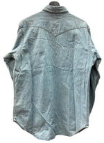 ダブルアールエル RRL 90s 三ツ星タグ DENIM SHIRT デニム ウエスタン メタルスナップボタン ヴィンテージ VINTAGE ラルフローレン RALPH LAUREN マレーシア製 ライトブルー 水色 長袖シャツ 無地 ブルー Mサイズ 104MT-1956