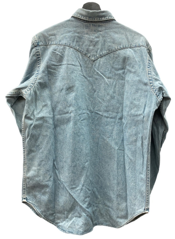 ダブルアールエル RRL 90s 三ツ星タグ DENIM SHIRT デニム ウエスタン メタルスナップボタン ヴィンテージ VINTAGE ラルフローレン RALPH LAUREN マレーシア製 ライトブルー 水色 長袖シャツ 無地 ブルー Mサイズ 104MT-1956