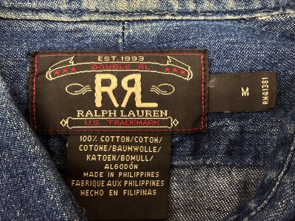 ダブルアールエル RRL 三ツ星タグ DENIM SHIRT デニム ステンカラー フロントボタン メタルボタン ヴィンテージ VINTAGE ラルフローレン RALPH LAUREN フィリピン製 INDIGO インディゴ BLUE 青 長袖シャツ 無地 ブルー Mサイズ 104MT-1954