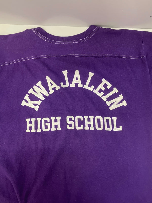 チャンピオン Champion 70s 70's バータグ SPARTANS KWAJALEIN  HIGH SCHOOL フットボールT Tシャツ パープル Lサイズ 101MT-2833