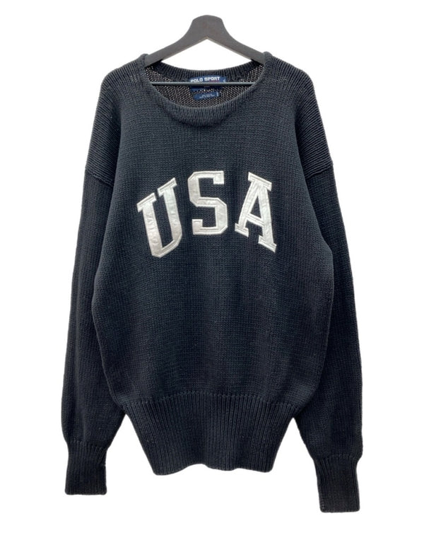 ラルフローレン RalphLauren POLO SPORT 90s USA LOGO COTTON KNIT ロゴ コットン ニット セーター 厚手 長袖 黒 セーター 刺繍 ブラック XLサイズ 104MT-1748