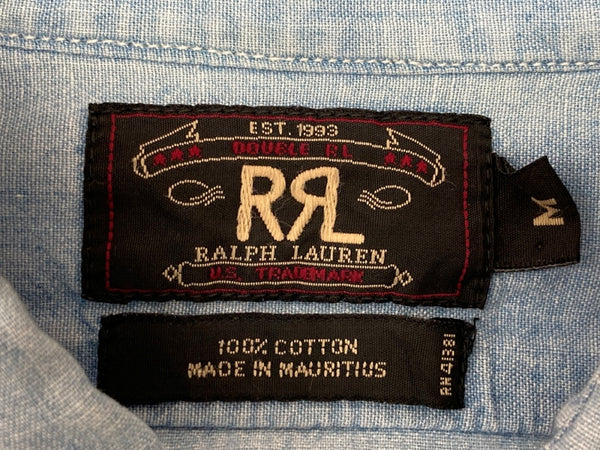 ダブルアールエル RRL 90s 三ツ星タグ SHIRT ステンカラー 猫目ボタン 胸ポケット ヴィンテージ VINTAGE ラルフローレン RALPH LAUREN コットン モーリシャス製 ライトブルー 青 無地 ブルー Mサイズ 104MT-2024