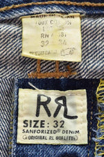 ダブルアールエル RRL ボタンフライ ストレートデニム 日本製 ダメージ加工 青耳 革パッチ デニム ブルー 32/34 103MB-586