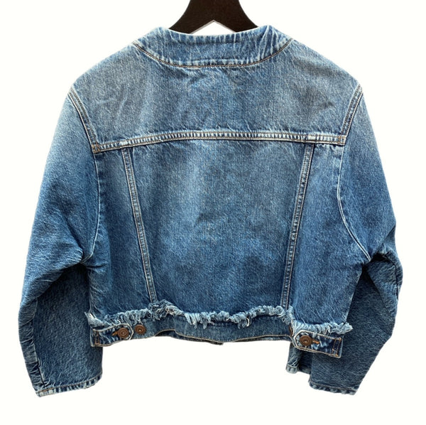 マックスマーラ Max Mara NO COLLAR DENIM JACKET ノーカラー デニム ジャケット ダメージ加工 フリンジ BLUE 青 INDIGO インディゴ 504606996 ジャケット 無地 ブルー SIZE34 104LT-21