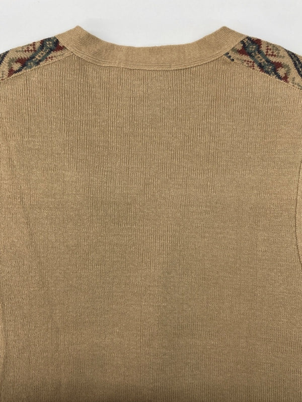 ダブルアールエル RRL 90s LOOSE KNIT VEST ニット ベスト アイル ノルディック Vネック レイヤード 三ツ星タグ Ralph Lauren 茶 ベスト 総柄 ブラウン Lサイズ 104MT-2070