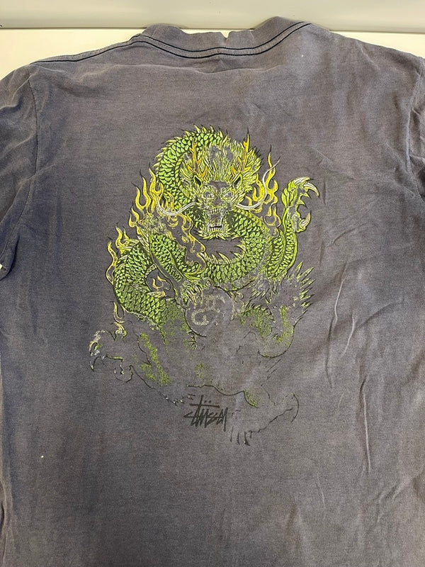 ステューシー STUSSY 90s 90's OLD STUSSY 紺タグ USA製 ドラゴン プリントTシャツ シングルステッチ サンフェード 鬼フェード 紺 Tシャツ ネイビー Lサイズ 101MT-5323