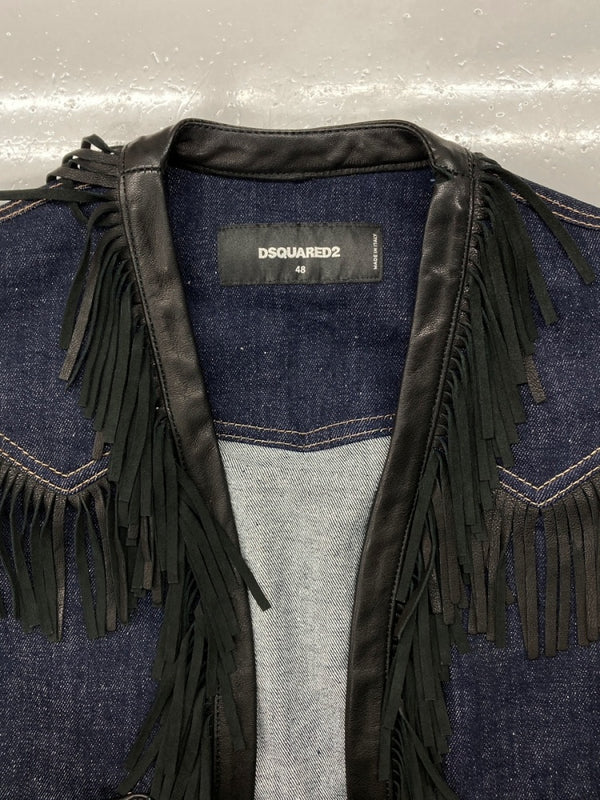 ディースクエアード DSQUARED2 DENIM VEST デニム ベスト FRINGE フリンジ LEATHER レザー INDIGO インディゴ S71FB0386 S30638 SIZE48 ベスト 刺繍 ネイビー 104MT-657