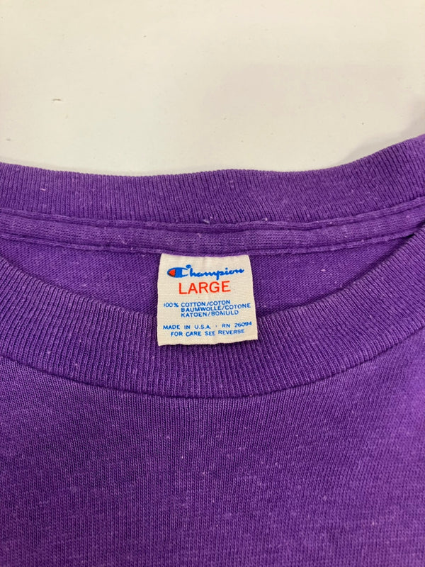 チャンピオン Champion 80's 80年代 トリコタグ カレッジロゴ EVANSVILLE エバンズビル大学 2段プリント  VINTAGE ヴィンテージ Tシャツ パープル Lサイズ 101MT-4750
