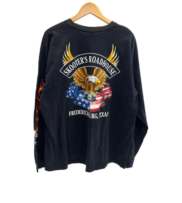 US US古着 00’s   スカルフレイム ドクロ モーターサイクル エンジン イーグル フレイム ファイヤーパターン 袖プリント 両面プリント VINTAGE ヴィンテージ - ロンT ブラック 101MT-4569